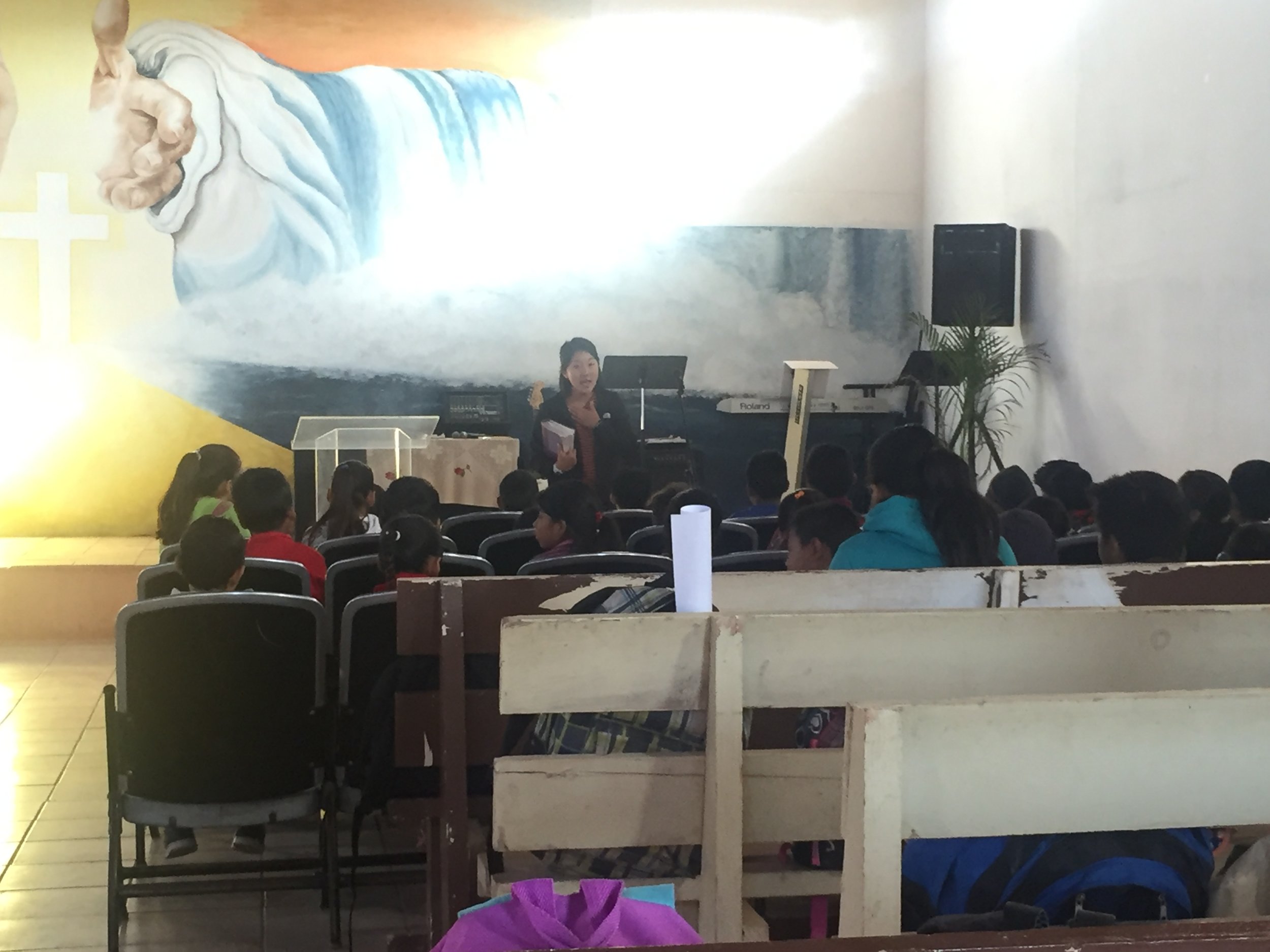 Andrea preaching at morning chapel at El Porvenir Primaria in Spanish!