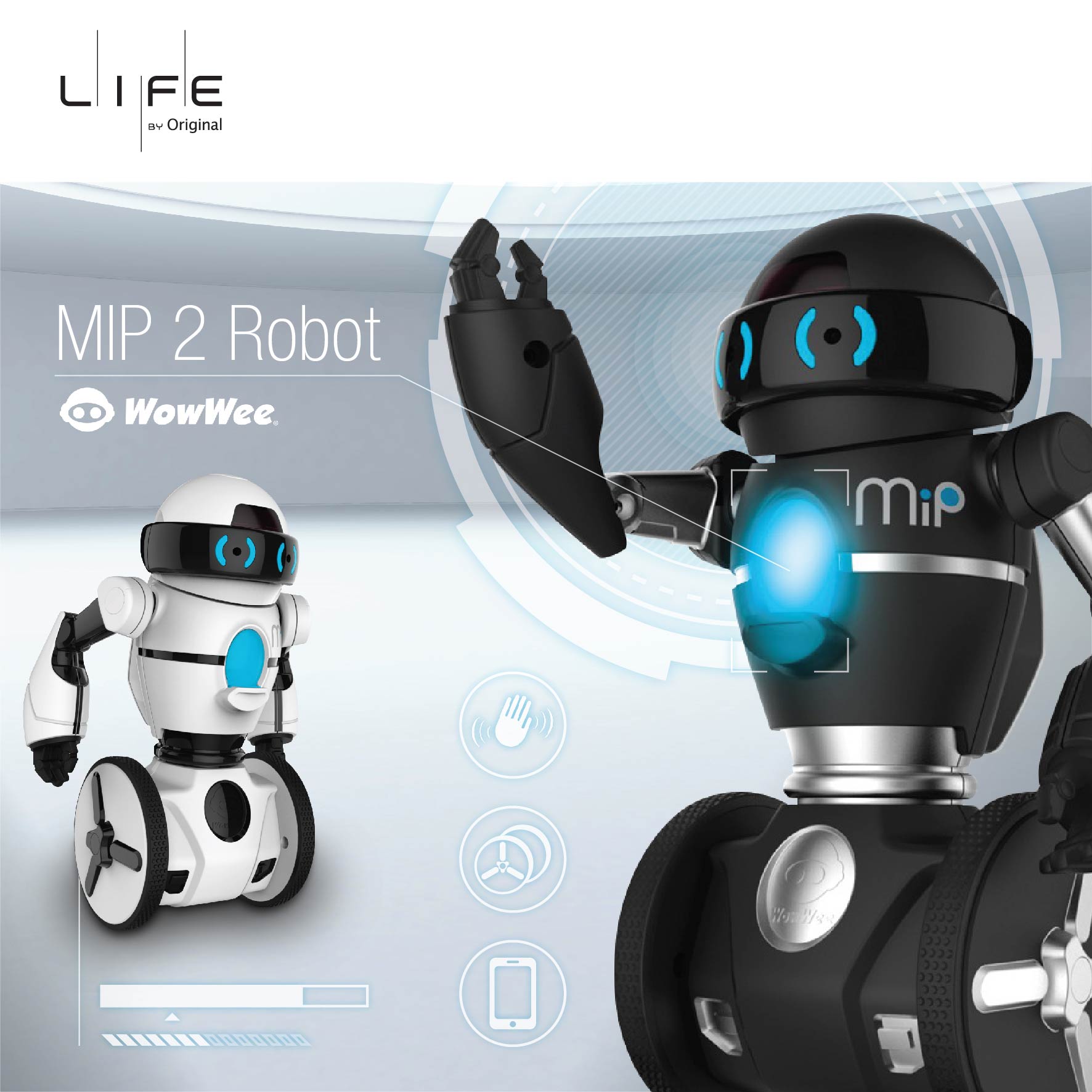 玩得用得電子機械人 - WOWWEE MIP WowWee MiP“人仔細細”但好玩地方多多,它可以感應我們的手勢作出不同反應,而且會跳舞、走動、玩遊戲,亦可以幫手負載小物件,帶到指定點方。除此之外,只要下載了手機程式,更可以連同另一部MiP,進行射擊或拳擊等遊戲,多種趣味玩法等你發掘。 WORK-AND-PLAY SMART ROBOT - WOWWEE MIP WowWee MiP is a little robot friend that everyone likes to play with. It can sense our gestures and respond correspondingly, and can also dance, roam, play games, and even to help us load small items to a designated place. If you download the mobile app, you can also connect your own MiP with another one to start a shooting or boxing battle, and there is more fun for your discovery! 