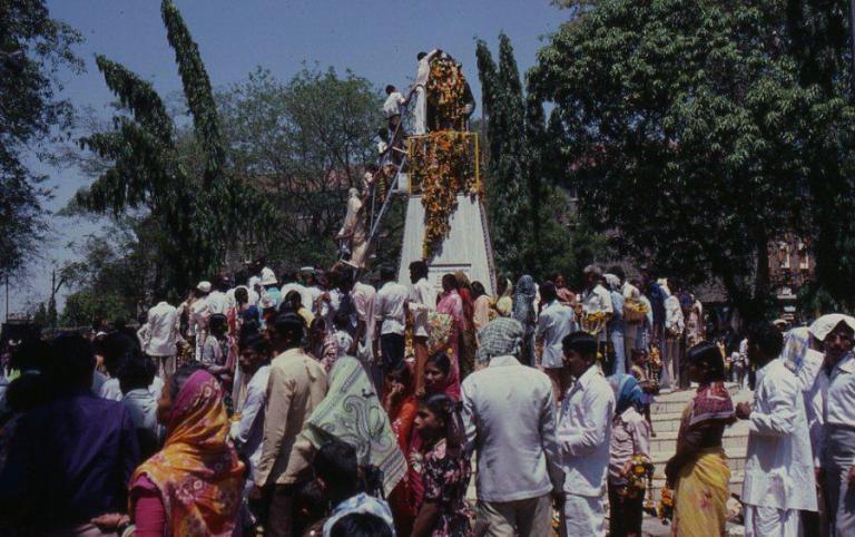 This is the celebration of Dr Ambedkar Jayanti in Poona, where a lot of people gather at his statue in Camp to pay their respects. I’m not in this picture but I would also go and pay my respects by putting a garland round his neck. It was a rather precarious ladder I had to climb. If we gave public talks on festival days like Ambedkar’s birth or death anniversary, or the anniversary of his conversion, these programs would often be held near the local statue of Dr. Ambedkar, and an important part of the programs would be garlanding the statue. 