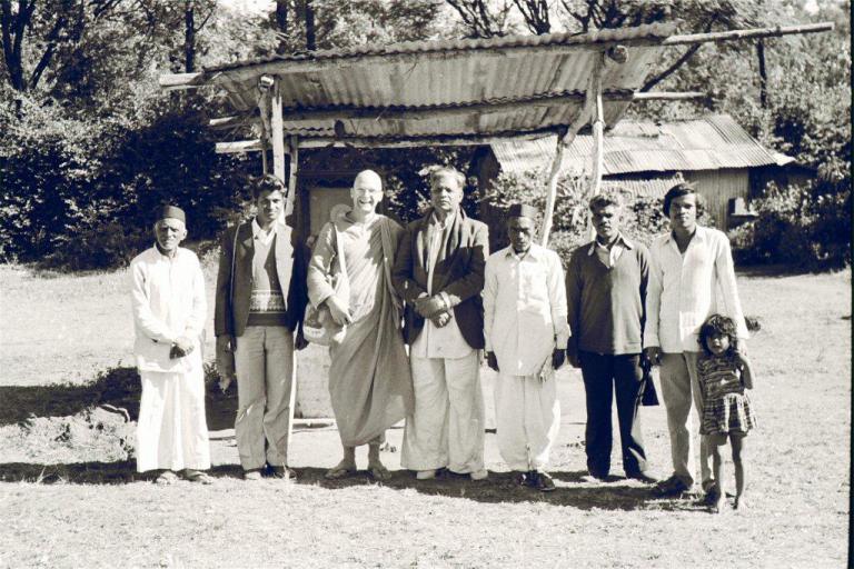 This is at Panchgani, probably 1977. That was just quite typical of a Buddhist community desperate to have some knowledge, and there’s an old man there in the middle who was the sort of leader, and he was very keen to learn meditation. He wanted to join us for meditation in the mornings but he said, “The problem is that it’s so cold here and I’m not well enough to have a bath before doing so.” He had the idea, an old Hindu idea that you had to have a bath before meditating. So we said look, don’t worry, in Buddhism there’s no such rule. It’s not outward washing that’s important, it’s inward washing. That was quite an interesting encounter I had there. It was a lovely old community and people. 