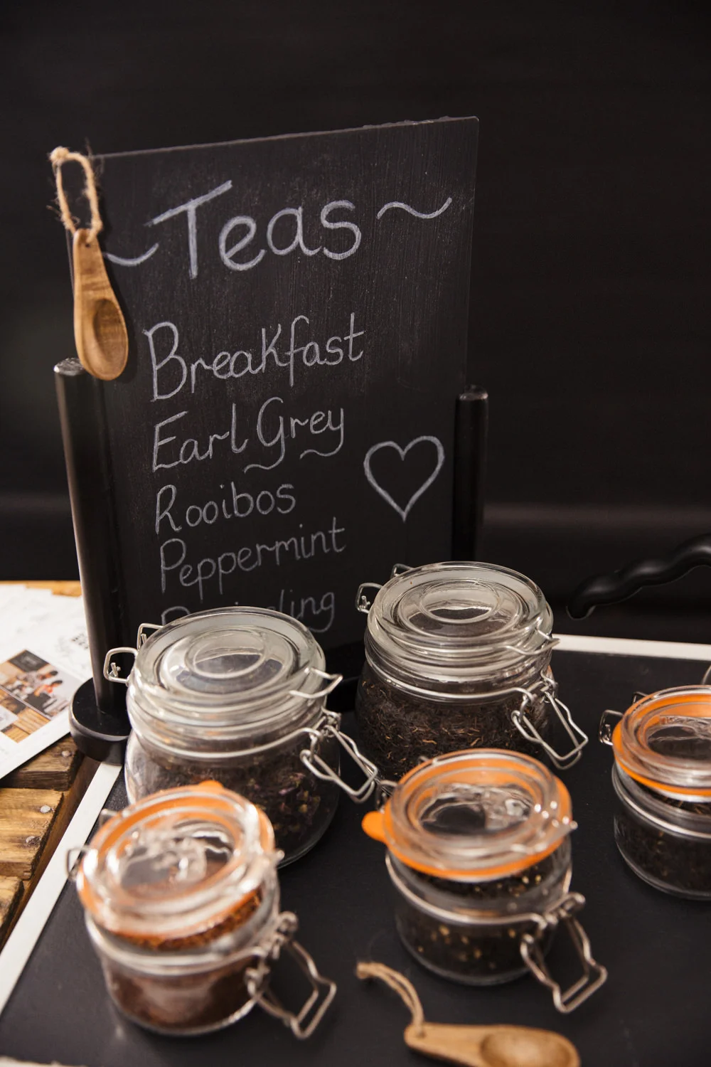 Selection of loose leaf teas displayed in mason jars with menu for Something Brewed Mobile Coffee Bar & Afternoon Tea Caterers for hire: Weddings, Corporate & Events using Speciality Coffee. Glasgow, Edinburgh & Scotland