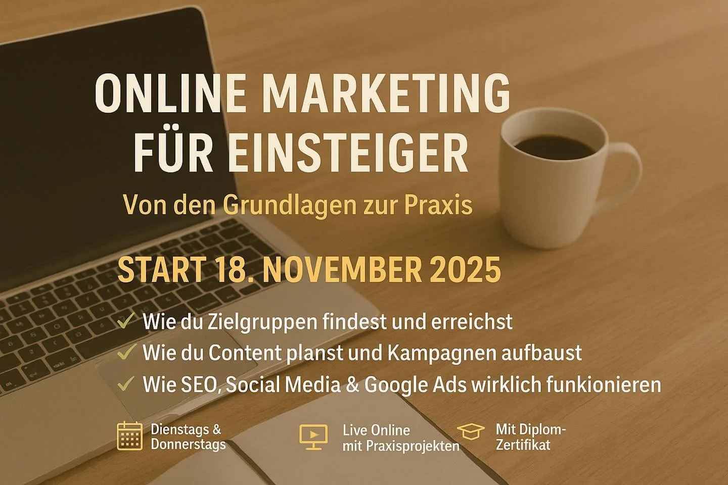 ONLINE MARKETING FÜR EINSTEIGER
Von den Grundlagen zur Praxis – in nur vier Wochen!
Starte mit uns am 18. November 2025 und lerne:
✅ Wie du Zielgruppen findest und erreichst
✅ Wie du Content planst und Kampagnen aufbaust
✅ Wie SEO, Social
