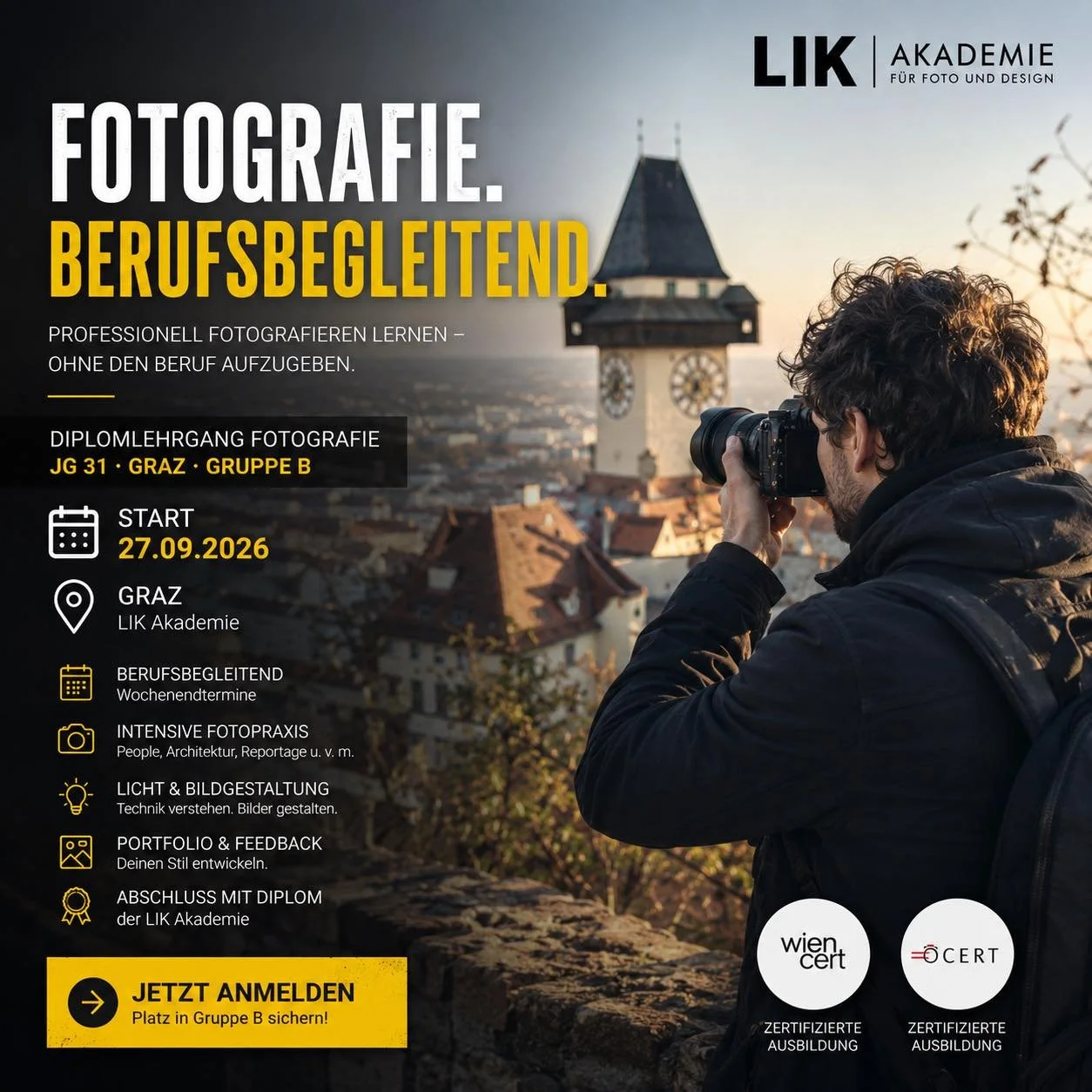 📸 FOTOGRAFIE. BERUFSBEGLEITEND. IN GRAZ.

Du liebst Fotografie und m&ouml;chtest endlich den n&auml;chsten Schritt machen &ndash; ohne deinen Beruf daf&uuml;r aufzugeben?

Am 27. September 2026 startet die berufsbegleitende Gruppe B des Diplomlehrga