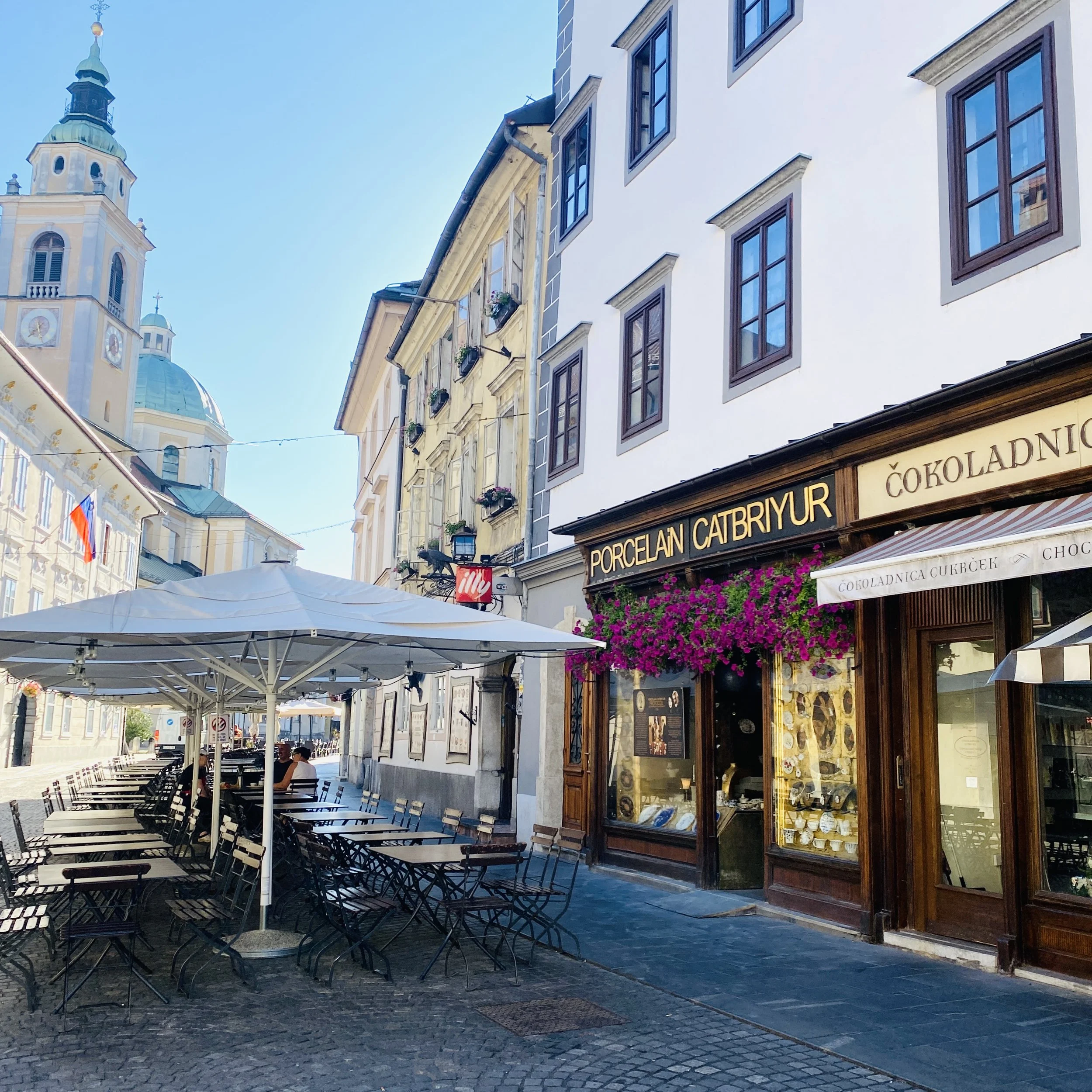 restaurants line the historic streets of ljubljana, slovenia