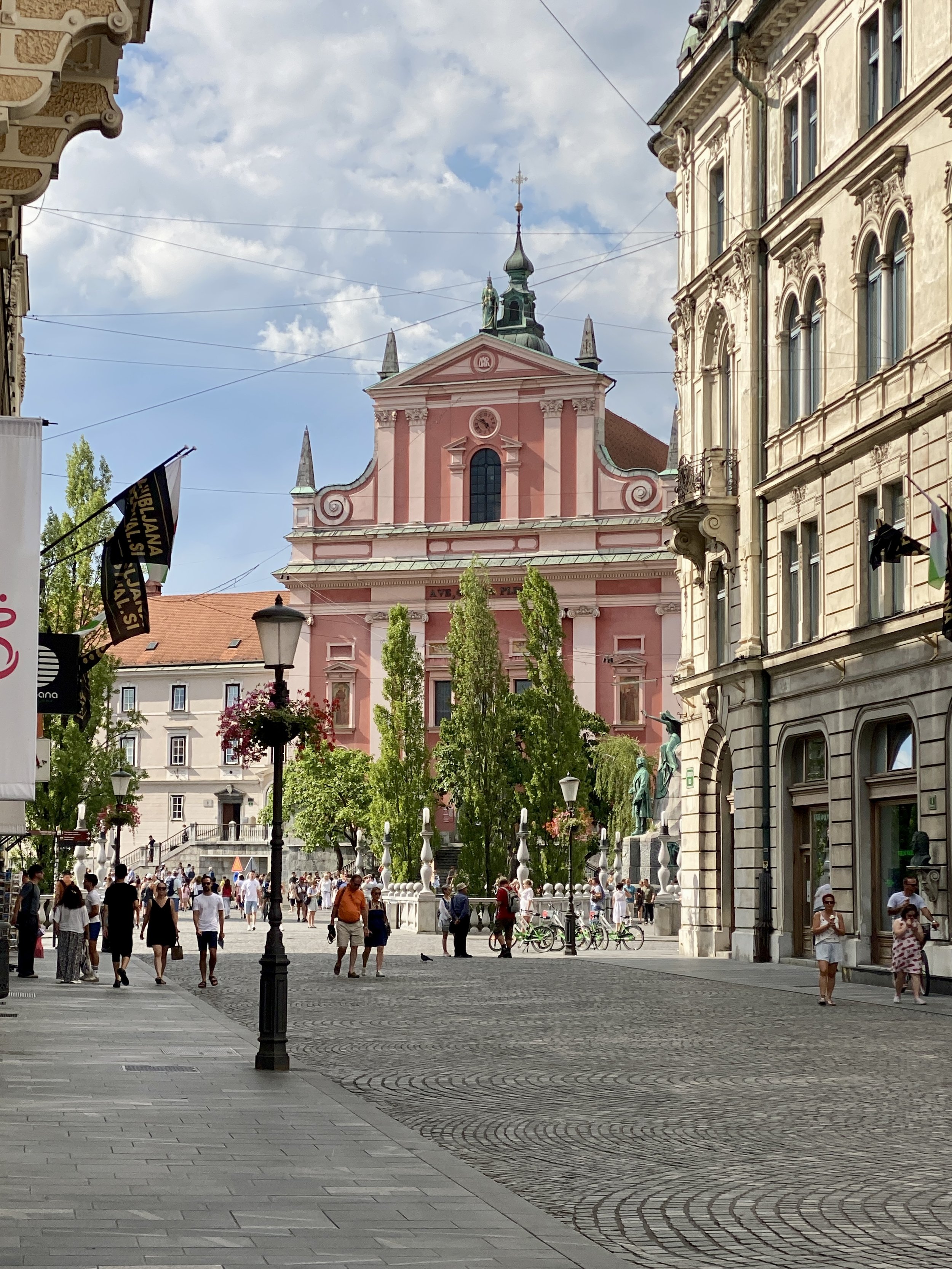 looking towards the franciscan church in ljubljana, slovenia