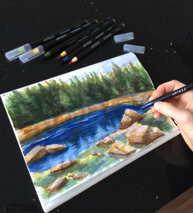 Finished landscape painting/drawing by our talented student. We don&rsquo;t know if to call it painting or drawing because he used brush pens by @artezaofficial to make this work 🙌🌲💙
.
.
.
.
#arteza  #artezabrushpens #wip #ilovepainting #ilovedraw