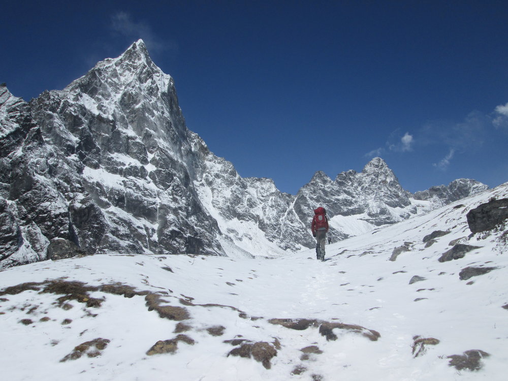 Hiking Toward Lobuche Base Camp in the Snow