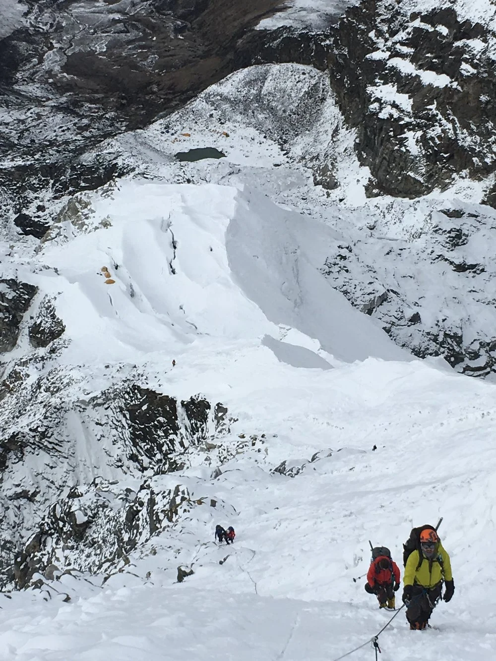 Approaching Lobuche's Summit with Lobuche High Camp Visible Near the Lake Below