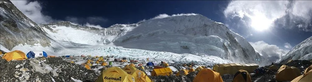 Camp 2 panorama showing (L to R) Lhotse, Nuptse, and the Western Cwm descending to Camp 1