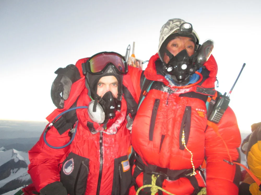 Mount Everest summit with climbing partner Pasang Kami