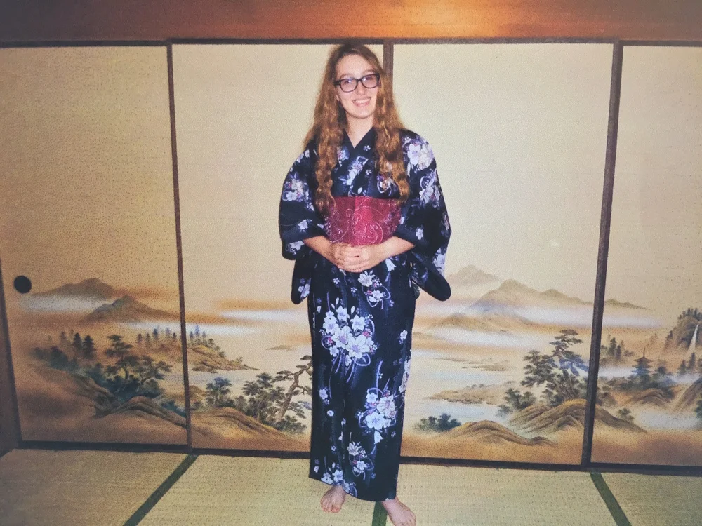 This was me in my host grandmother's house trying on my new yukata! I lived in my grandmother's house for the duration of my stay, and by living in a traditional home with tatami mats and sliding screen doors, I really felt like I was living in Japan.