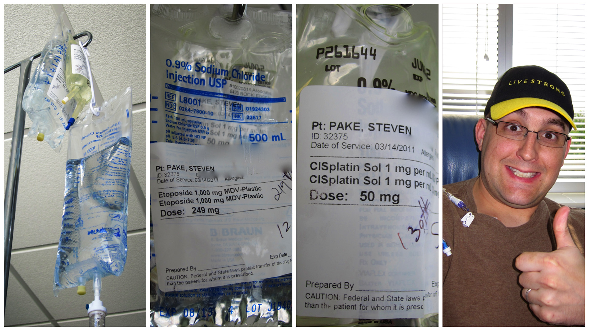 My chemo cocktail, Etoposide and Cisplatin for my first round of EPx4, March 2011. Yum yum!!