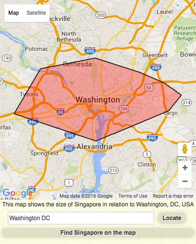 The main land area of Singapore is not even the size of the Washington, D.C. area I-495 beltway, near where I reside!