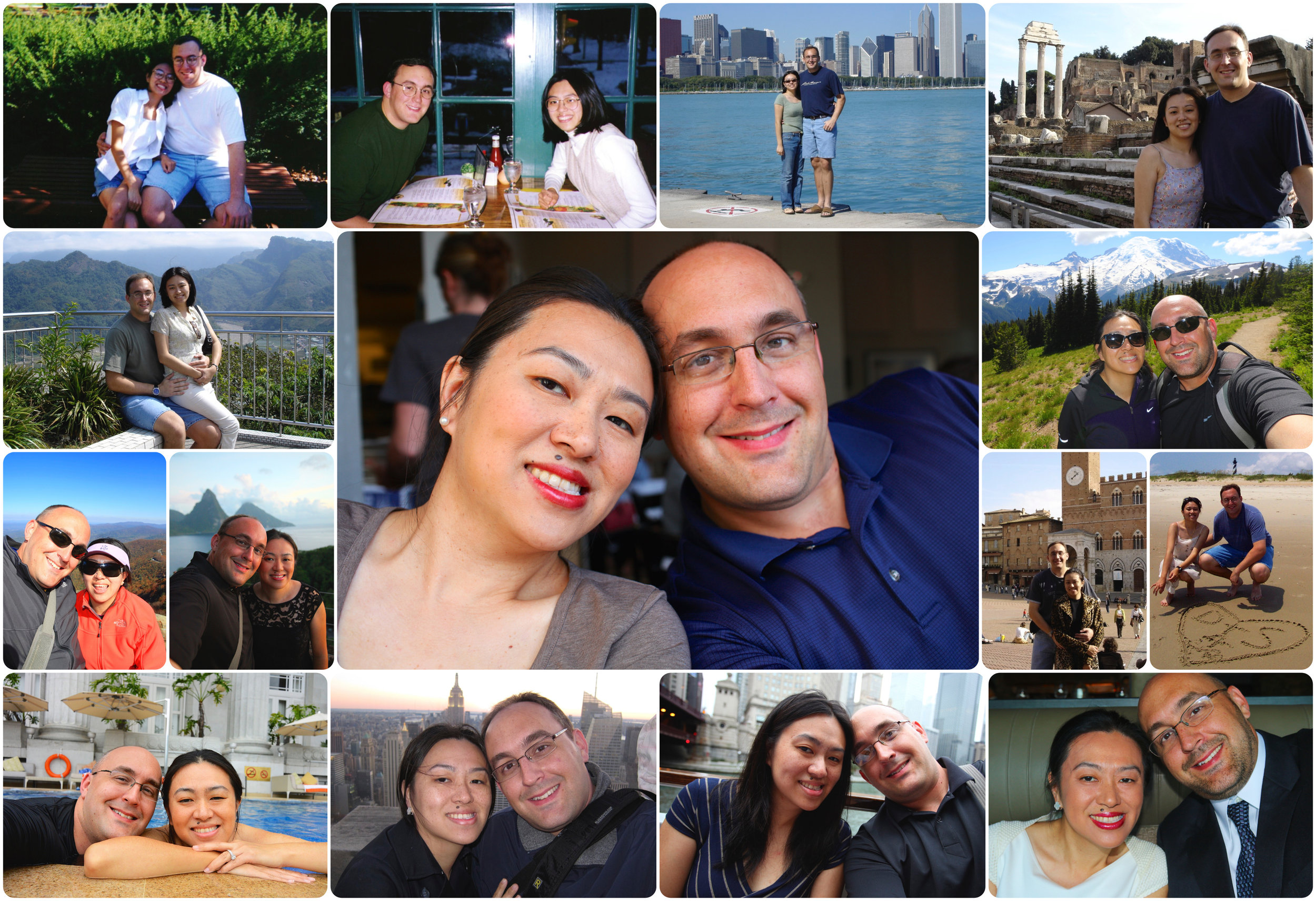 Top: Penn State, Chicago, and Rome, Italy. Middle: Taiwan, Shenandoah NP, St Lucia, Rehoboth Beach, Mt Rainier, Siena, Italy and the Outer Banks, NC. Bottom: Singapore, New York City, Chicago, and Seattle.