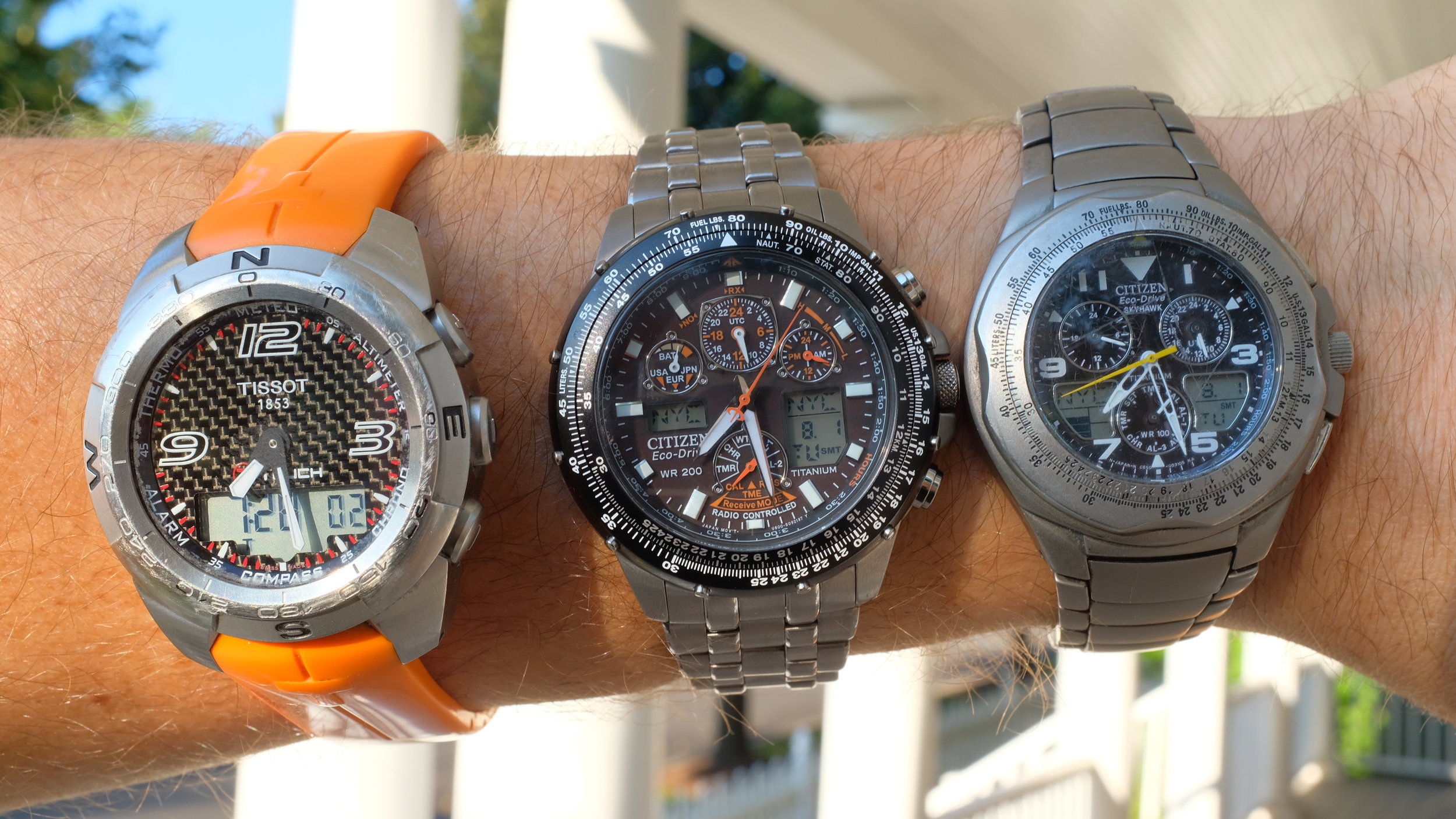 My Tissot T-Touch Expert purchased 2009 (left), my new Citizen Skyhawk Titanium purchased 2017 (center), and my older Citizen Skyhawk Titanium purchased 2004 (right).