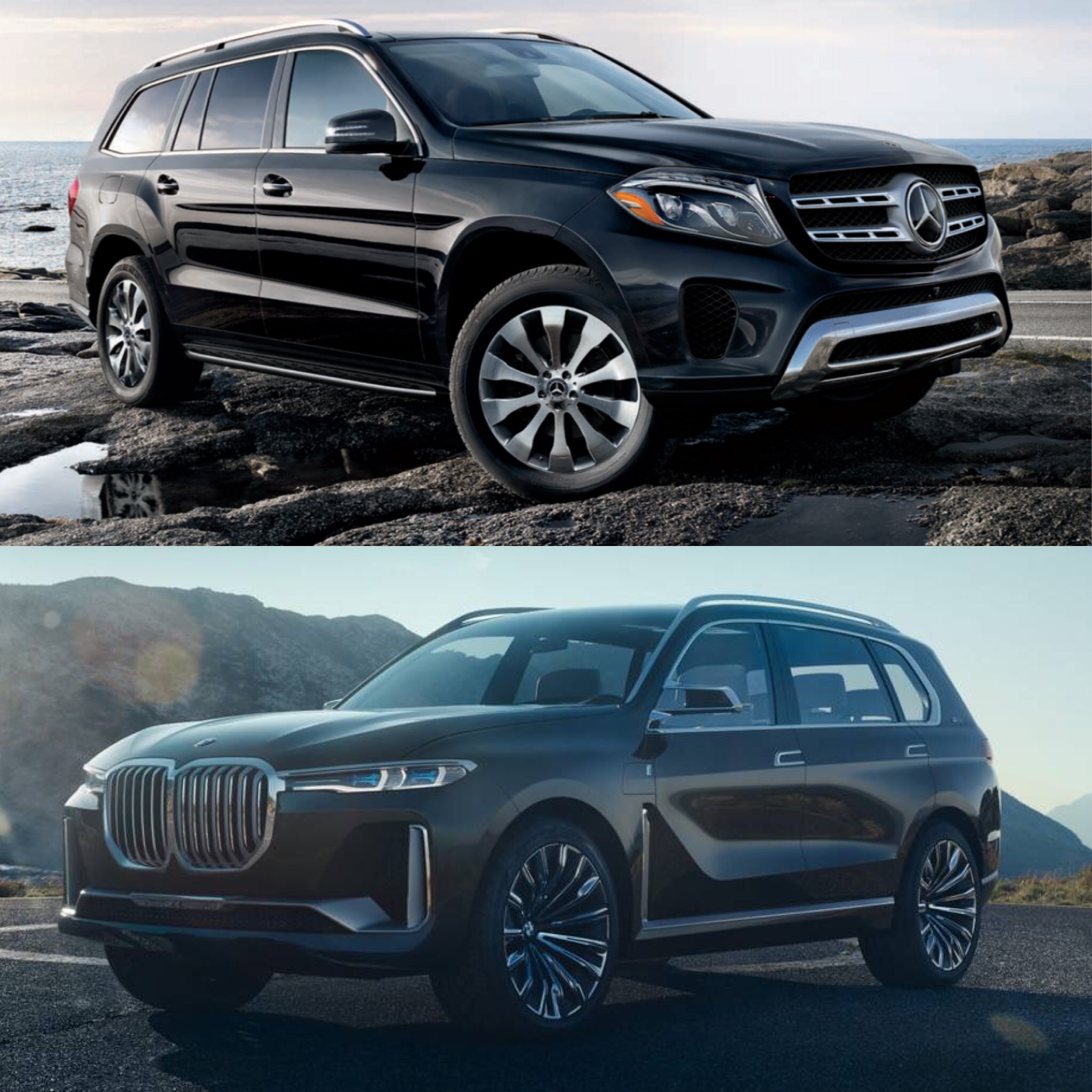The Mercedes-Benz GLS (top) and the BMW X7 (bottom)