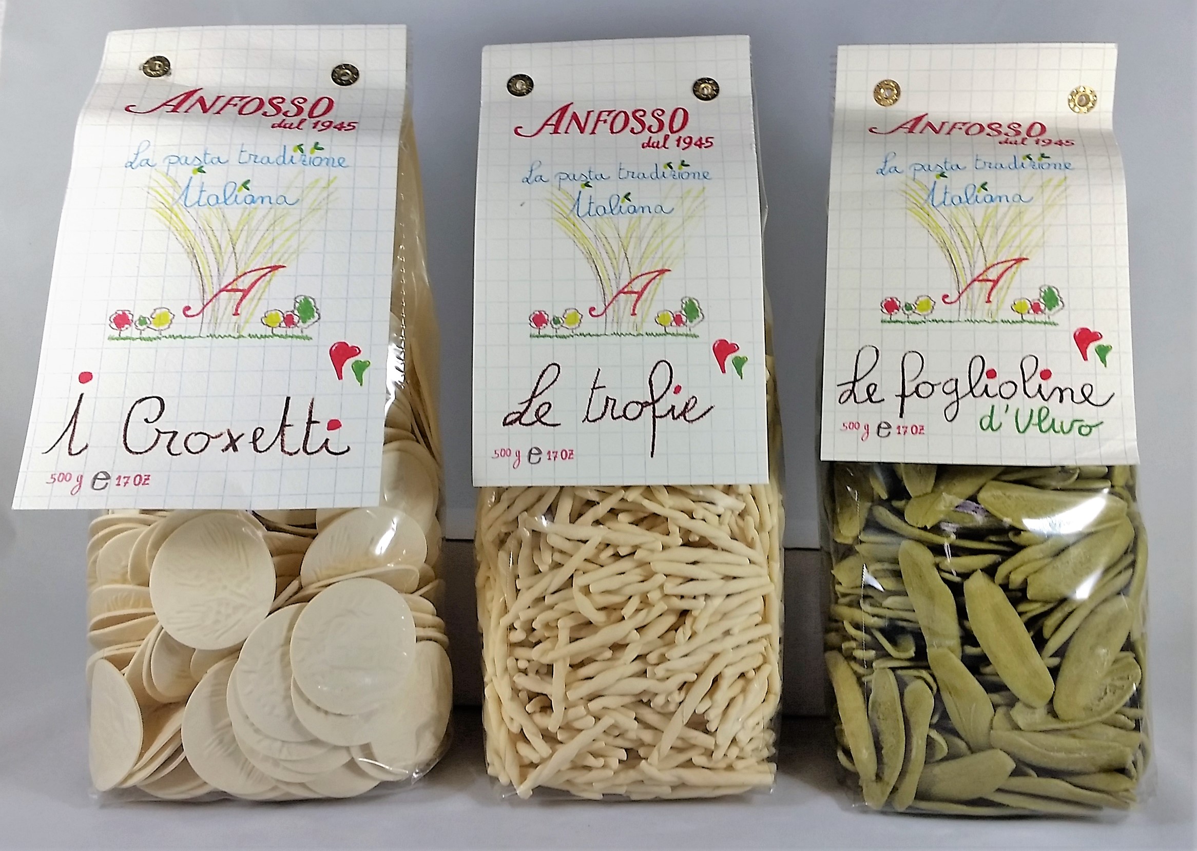 Croxetti pasta, Trofie pasta, Foglie d'ulivo pasta