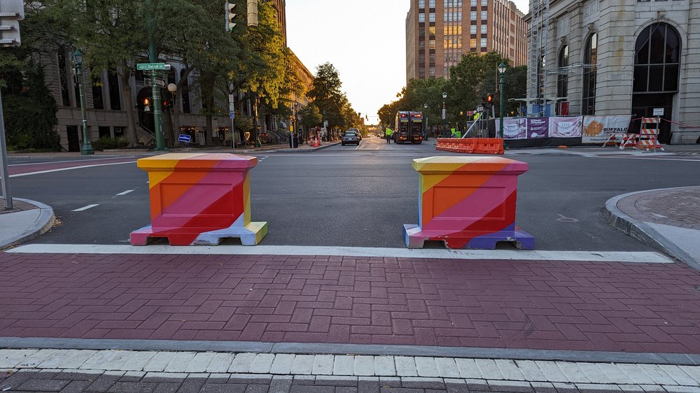 Brick Patterned Crosswalks and Colorful Barriers