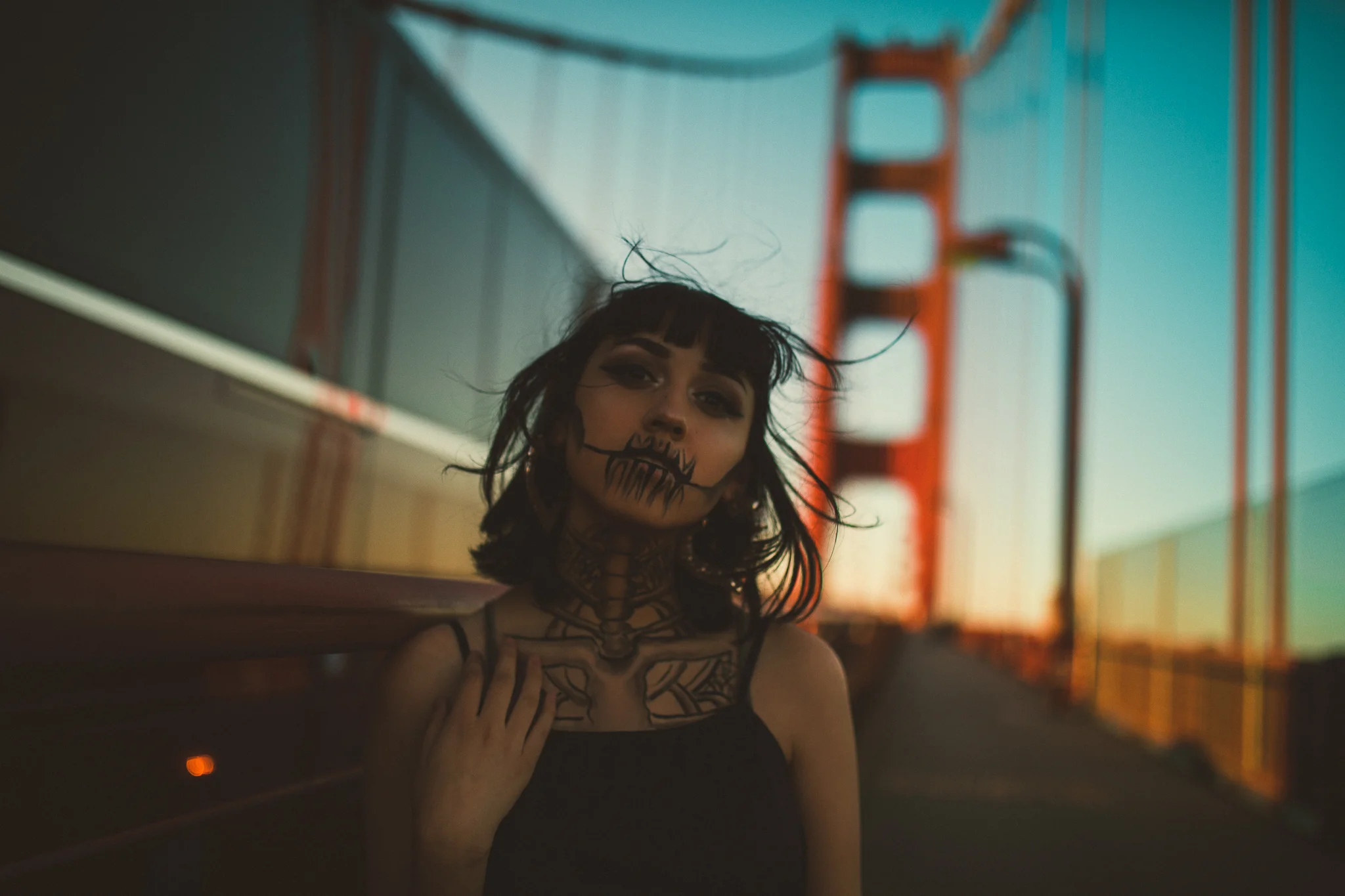 Day of the dead (Dia de los muertos) portrait photo at the Golden Gate Bridge.