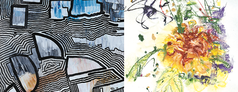 "Fun with Lines," (detail, Left), Robert Bienstock; "Harbor Cornucopia," (detail, Right), Amy Browning.