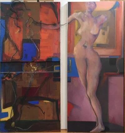 thumbnail-15.jpeg.  Butcher, William  Title_  The Emergence.    Acrylic,forged steel,wood, on canvas. diptych 64x72.  $4500.00.jpeg