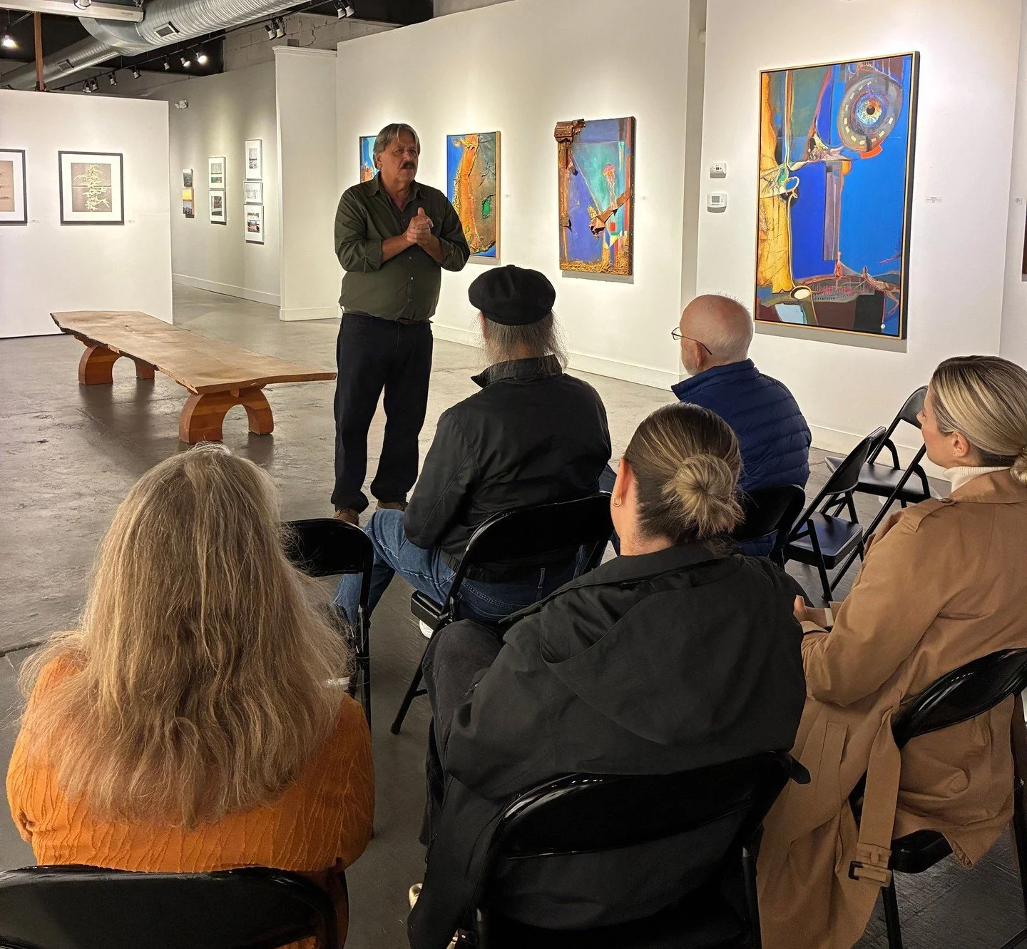 Here are some images from our opening reception held on Sunday. In the photos, the two featured artists, Mark St. Mary and William Butcher, engage in discussion about their work with our attentive audience. If you missed this event, please join us fo