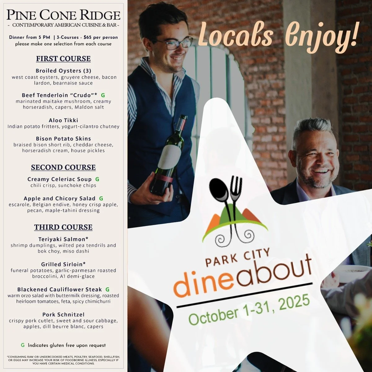 In October, enjoy our standard menu, bar menu, and the @parkcityrestaurants Dine About prix-fixe $65 three-course menu!