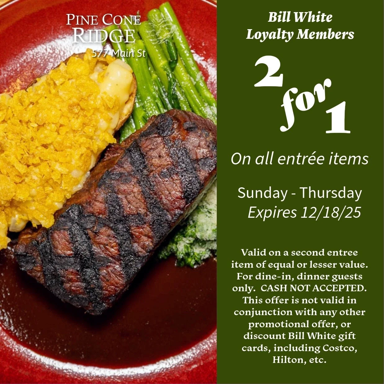 Enjoy our Loyalty 2-for-1 special once more before the Holiday season kicks into high gear. #parkcityrestaurants #parkcityfood