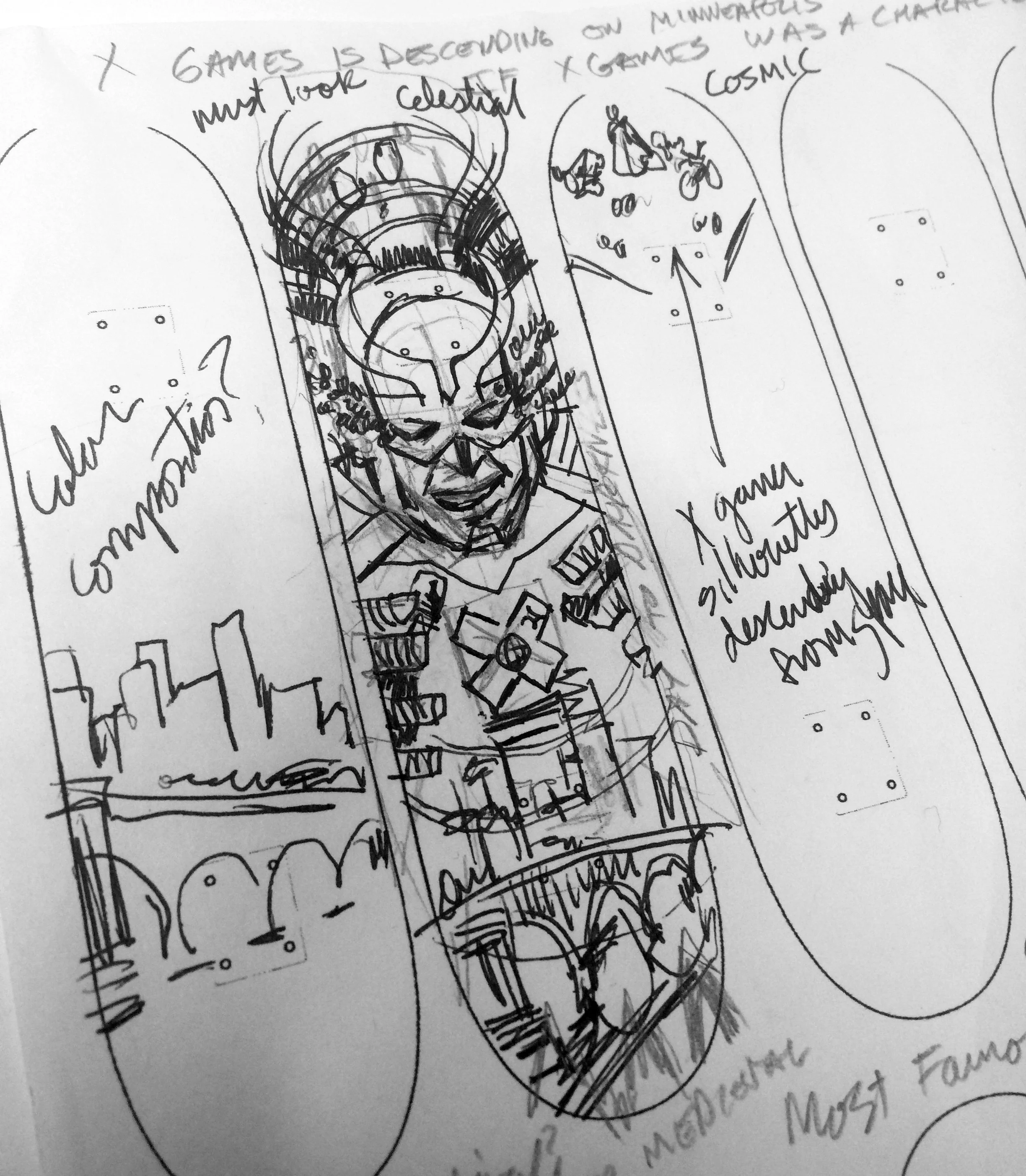 This is where the different ideas finally converged. The skyline, the Celestial, and the X Games descending skaters.