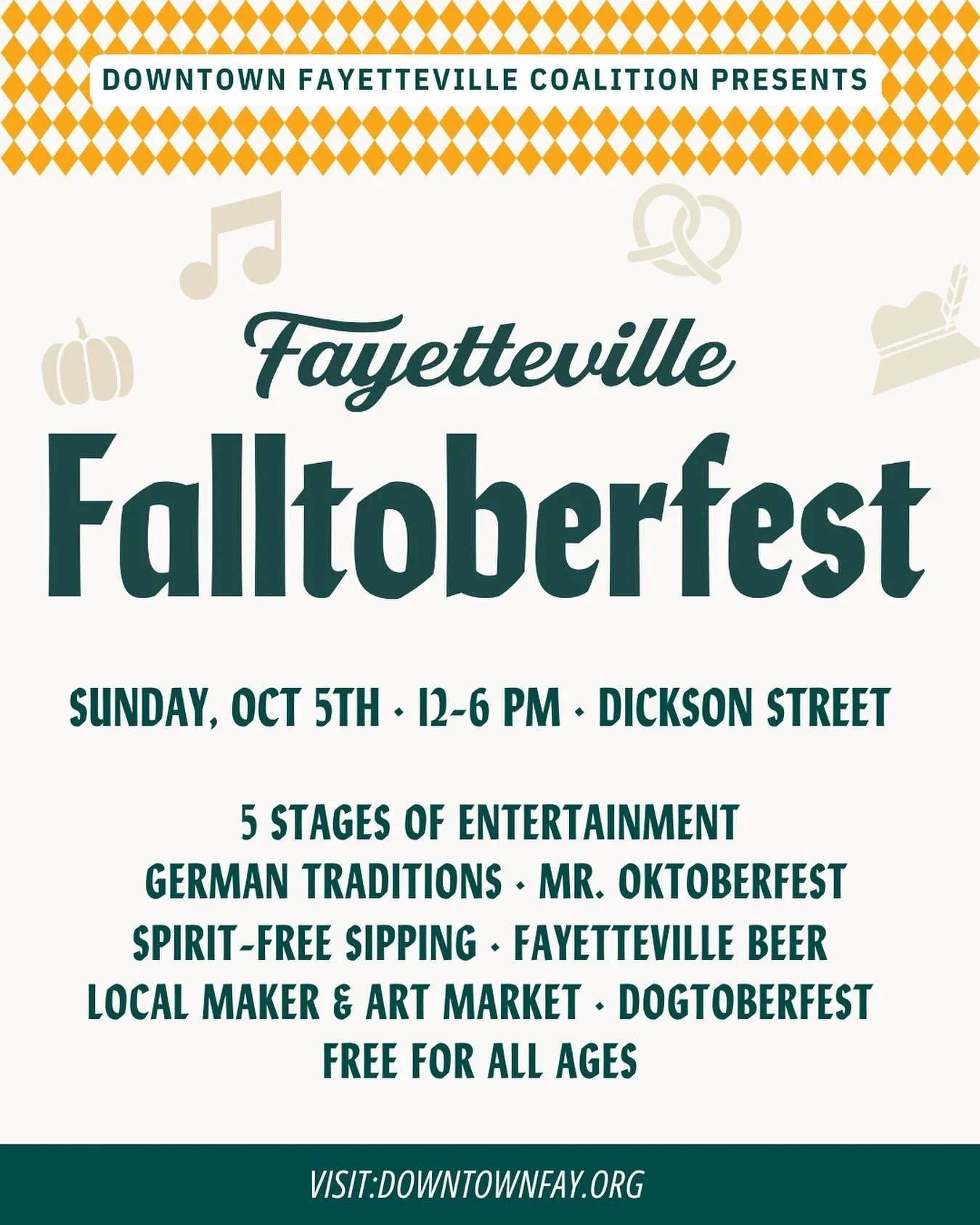 The 3rd Annual Fayetteville Falltoberfest is coming back to Dickson Street this Sunday, October 5th from 12-6pm.

This fall festival favorite is taking over the Upper Ramble and 7 blocks of Dickson Street. 
Free and open to all ages. See downtownfay.