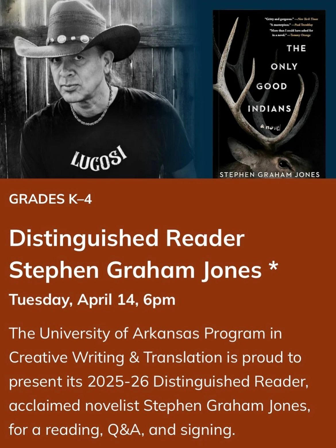 Update: SOLD

Only Good Indians, by Stephen Graham Jones, paperback $8. Find it in Molly&rsquo;s staff picks. Call or come by to buy. 

Stephen Graham Jones is coming to the Fayetteville Public Library, April 14th at 6pm. This event is free, but seat