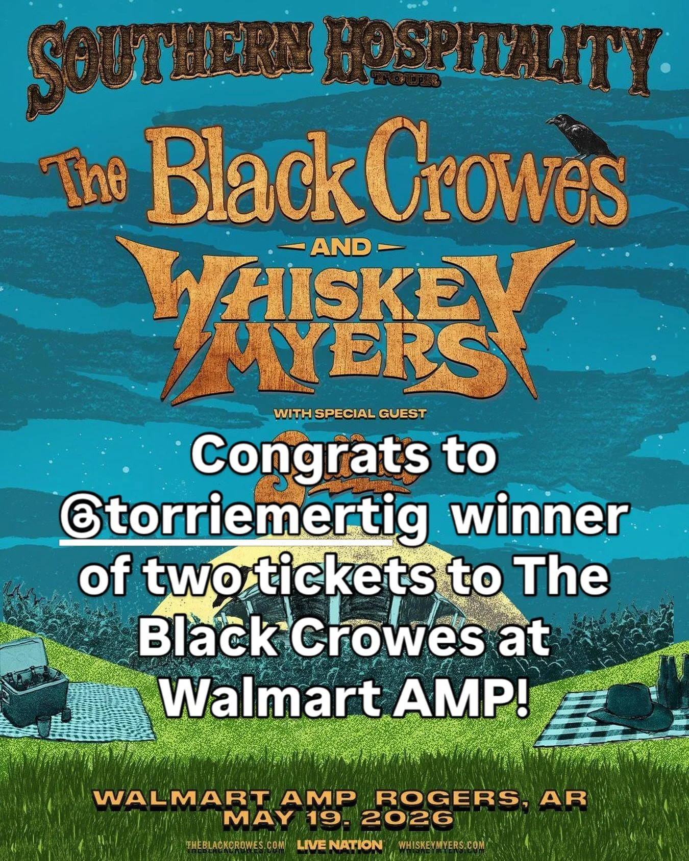 Congrats @torriemertig you won two tickets to The Black Crowes at Walmart AMP May 19th!