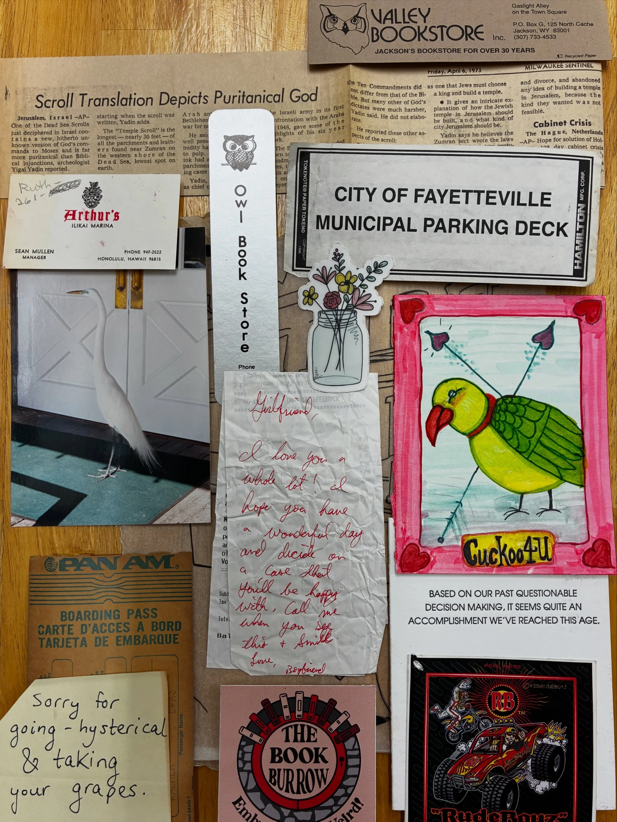 Hey there, we found all kinds of interesting things in all the books you brought us this week, including: Pan Am boarding pass (no smoking seat), &ldquo;Rudeboyz&rdquo;, note for &ldquo;Girlfriend&rdquo;, hysterical grape taking apology sticky, Cucko
