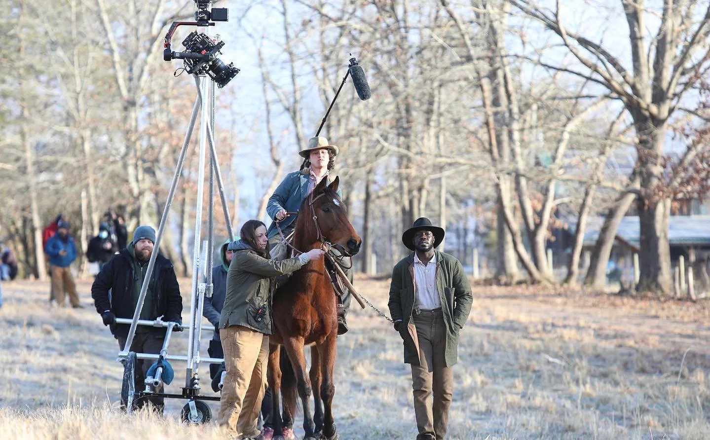 Rickshaw setup for over the shoulder walk and talk on horseback.