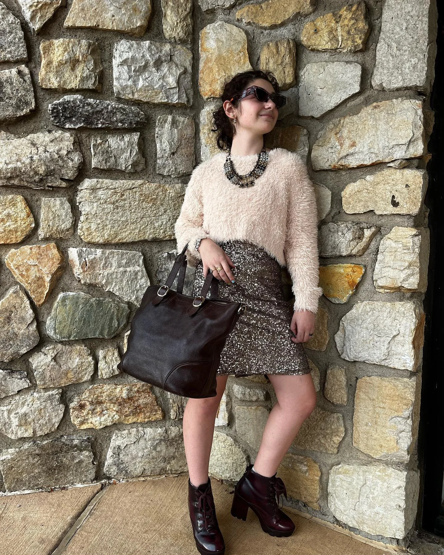 Pink Goes Punk 😎💓

1/ Tortoise Shell Shades
$14.95
2/ Fringed Cropped Sweater Size Sm. $22.95
3/ Rose Gold Sequined Skirt 
Size L $18.95
4/ Beaded Necklace $16.95
5/ Designer Burgundy Pebble Leather Bag $400.95
6/ Deep Burgundy Platform Boot Size 9