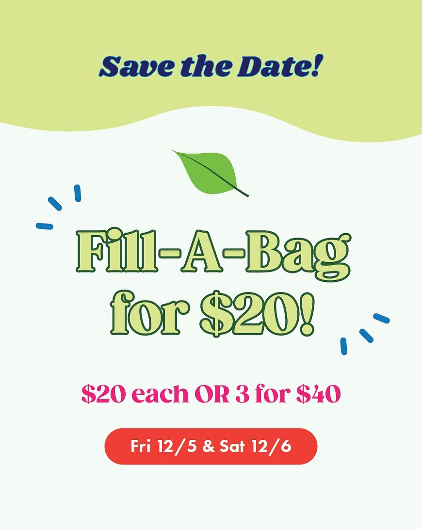 📆SAVE THE DATE!📆 Our Fill-A-Bag for $20 SALE is BACK!🙌♻️ Friday DECEMBER 5 &amp; Saturday DECEMBER 6, 9am - 4pm both days!

We will have Men&rsquo;s &amp; Women&rsquo;s clothing, shoes and accessories at this sale👗👚👔👜👟👠👖

♻️Fill-a-bag for $