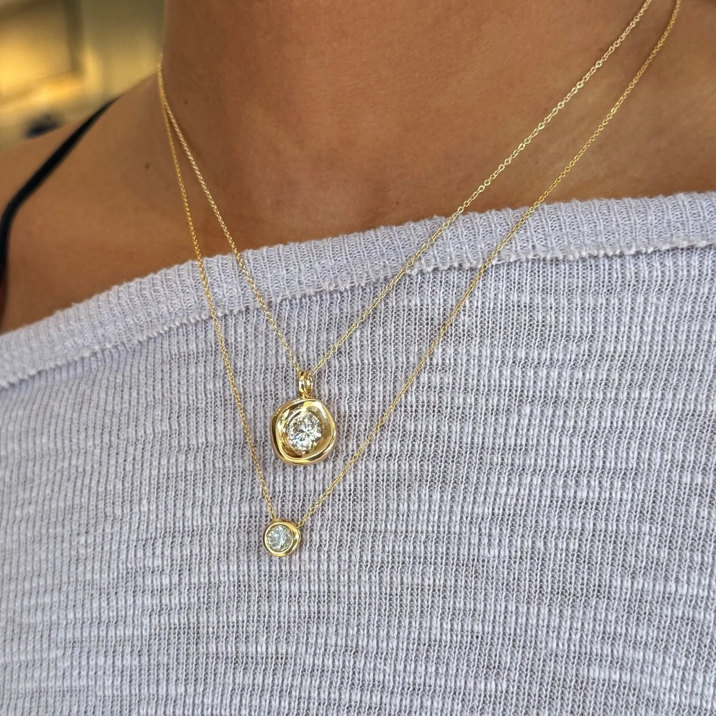 Diamonds are a girls best friend!💎✨ Scoop up these stunning new arrivals from @greenestreetprinceton

&bull;&nbsp;Top: 14k organic Bezel Lab grown diamond necklace $875.95
&bull; Bottom: 14k Diamond Solitaire necklace $400.95

Call or email us for i