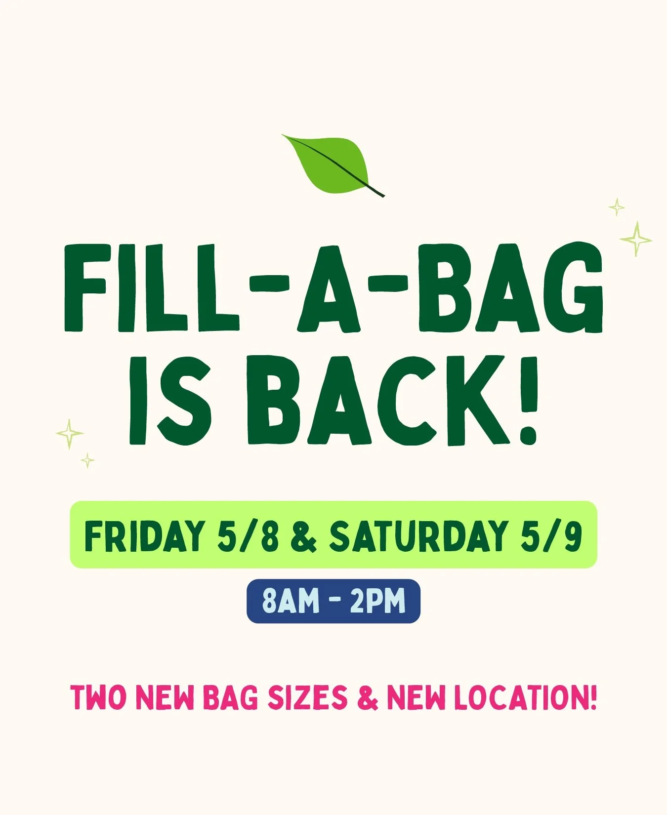 Fill-A-Bag is BACK with NEW BAGS and a NEW LOCATION!!♻️

📆Friday 5/8 &amp; Saturday 5/9 
8am-2pm both days

➡️Two NEW bags &amp; Double the goods!
Large bag is $50, Small bag is $30

➡️We will have men&rsquo;s &amp; women&rsquo;s clothing, shoes and