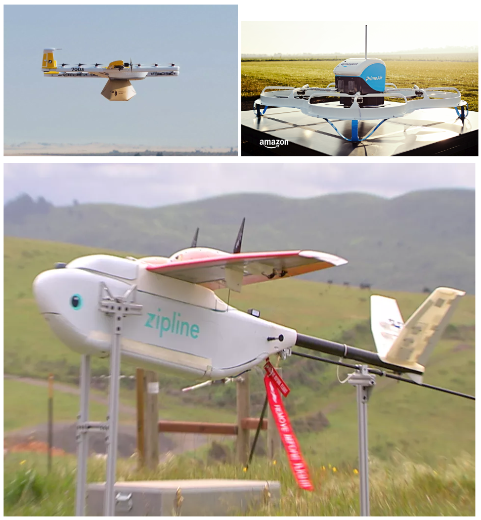 Chapter 7 Figure 122: Wing (Top-L), Amazon Prime Air (Top-R) and Zipline (Bottom) delivery drones.