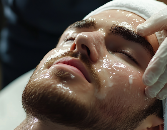 An aesthetician applying a solution during a customized glycolic peel for men session.