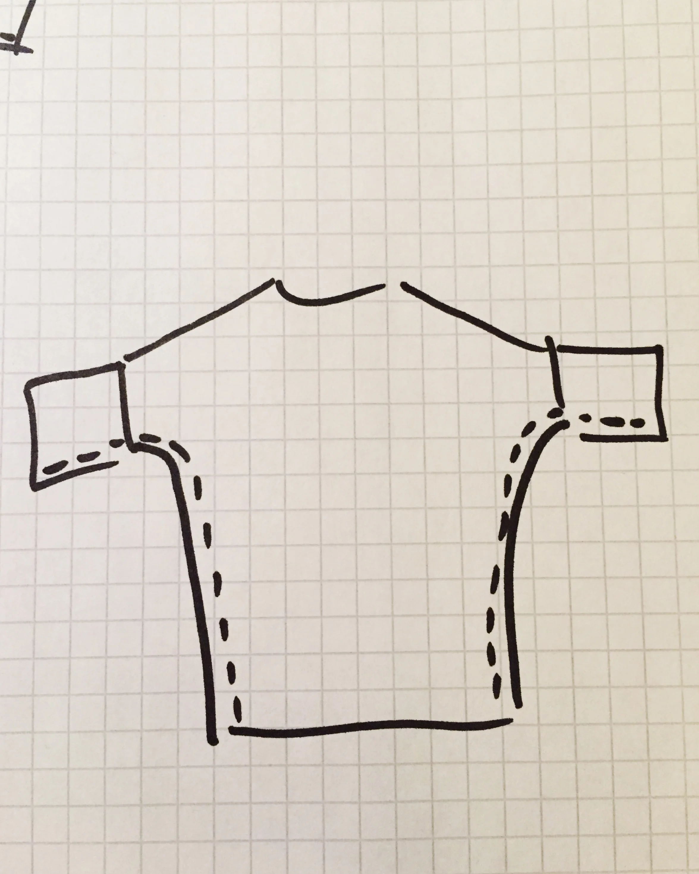 5. Alles aufklappen, rechte Seite schaut nach oben. Nun den Pulli an der Schulternaht zuklappen, so dass die Form des späteren Pullis zu sehen ist. Die innere /linke Seite sollte nun oben liegen. Vom Ärmel über die Achsel die Seitennähte zunähen.