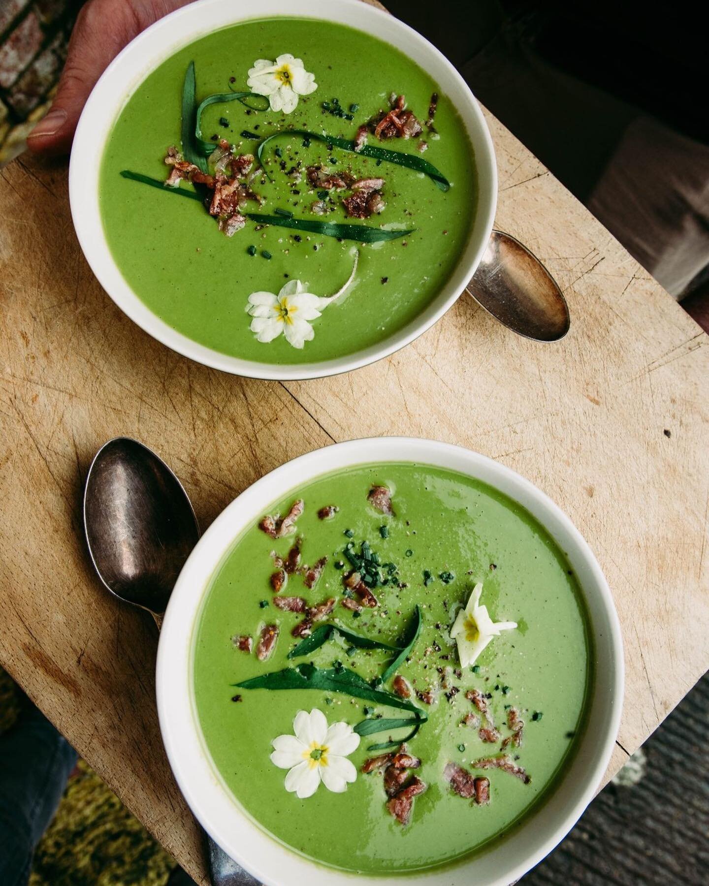 Wild garlic soup with crispy salami. Making the most of this abundant plant whilst it&rsquo;s young and delicious. The base of the soup is a charcuterie stock and butter beans, whipped together with wild garlic, lemon and a good amount of seasoning. 