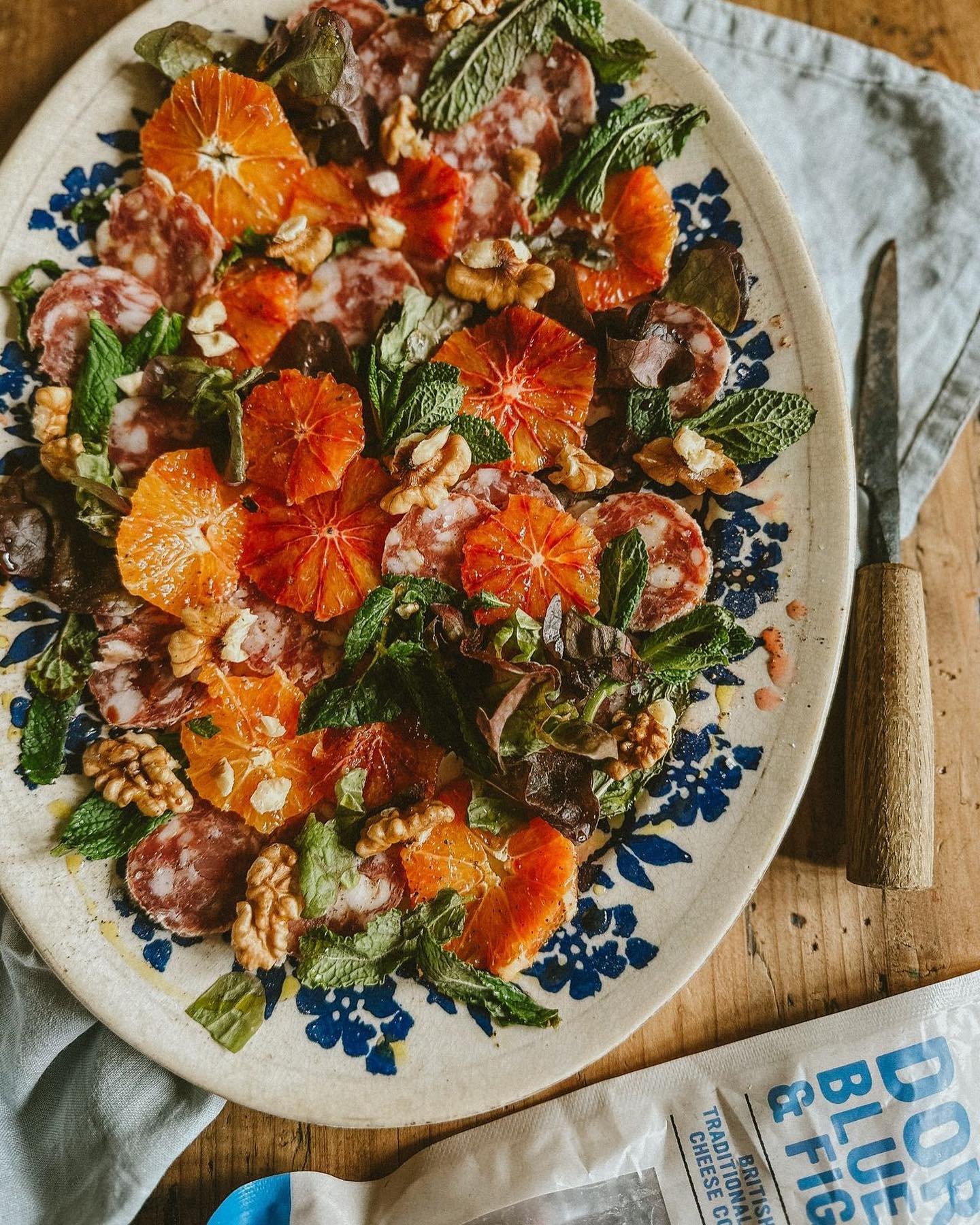 ​​Bloody orange, Dorset Blue Vinny and Fig Salami, walnut and mint salad. Big flavours that go so well together for a lunch with punch!