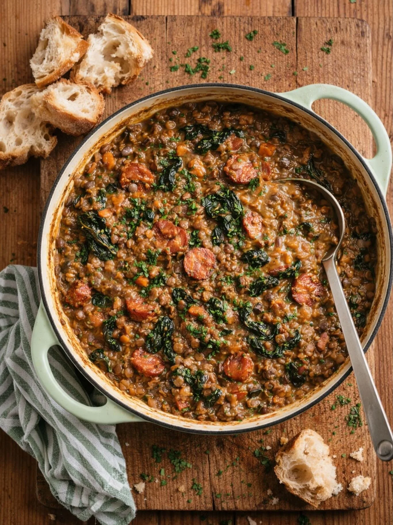Creamy chorizo lentils, just what we need for dinner after a rather cold day on the farm. A bit of a fridge raid - but sometimes that makes the most wholesome meals.