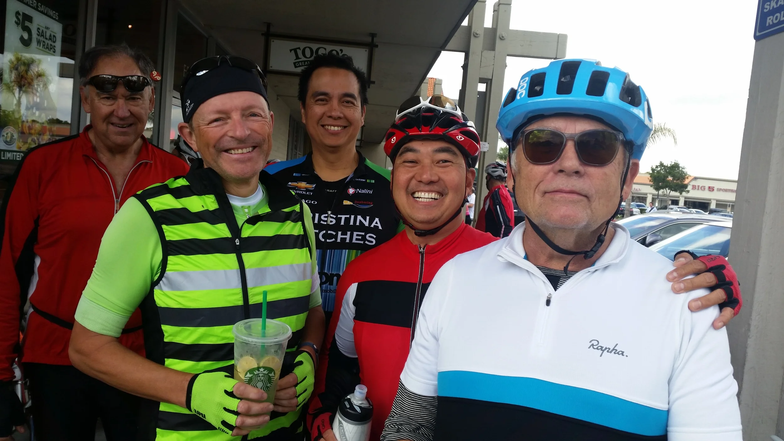Malcomb Fox, second from left, with friends and coffee at today's rest stop.