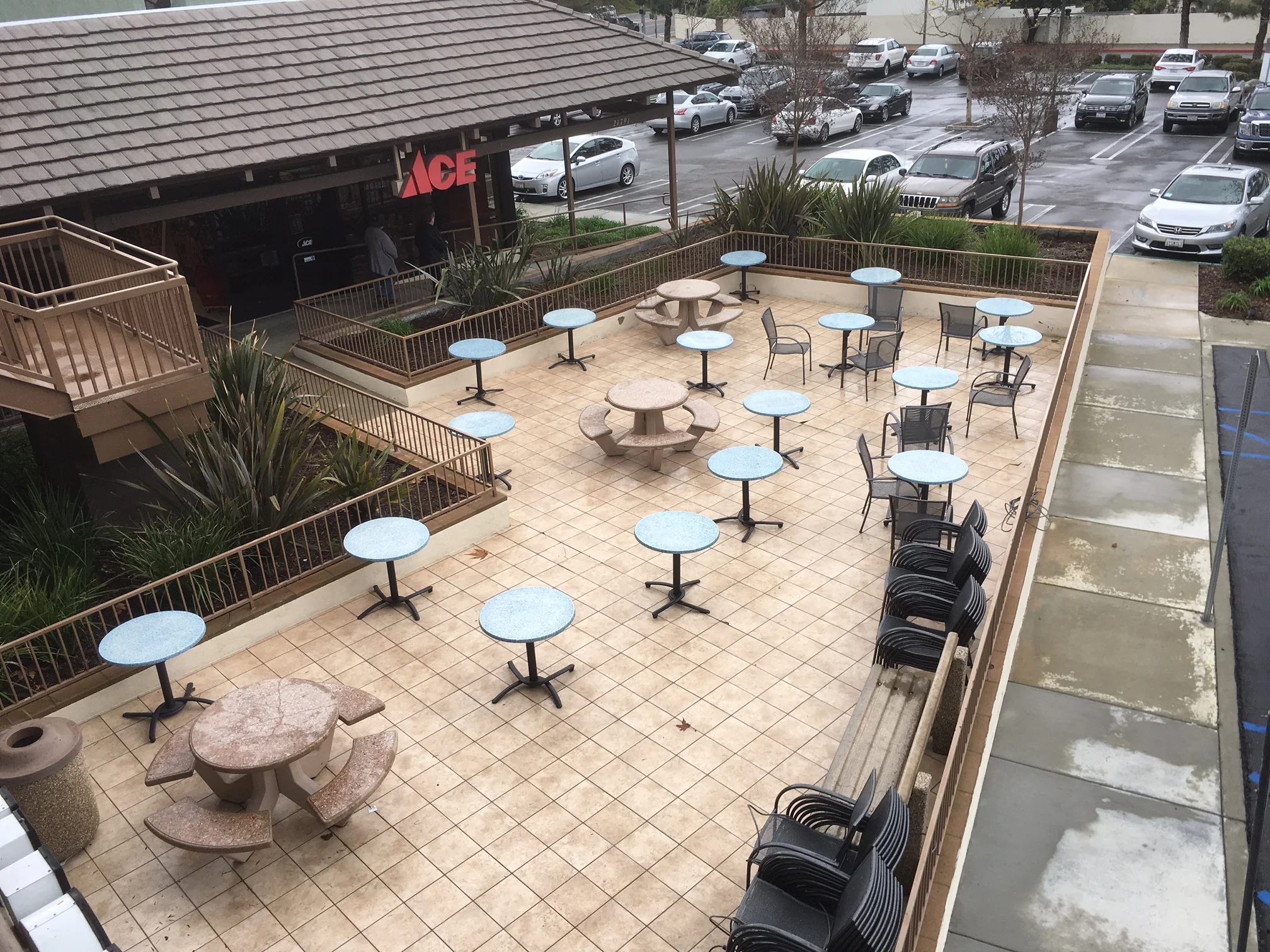 Plenty of seating & bike parking across the lot in front of the Ace Hardware store.