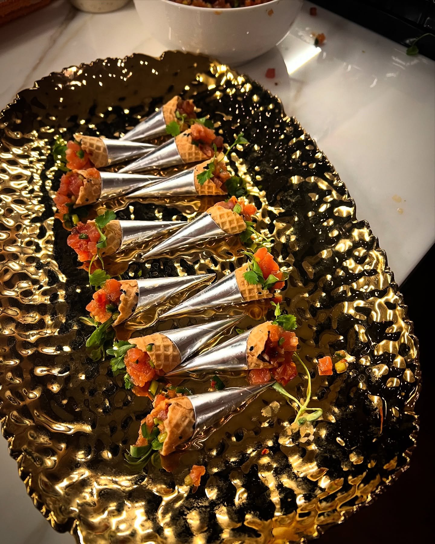 Little black sesame tuile cones filled with ahi tuna for a holiday party last night 🔔 The perfect little bite!