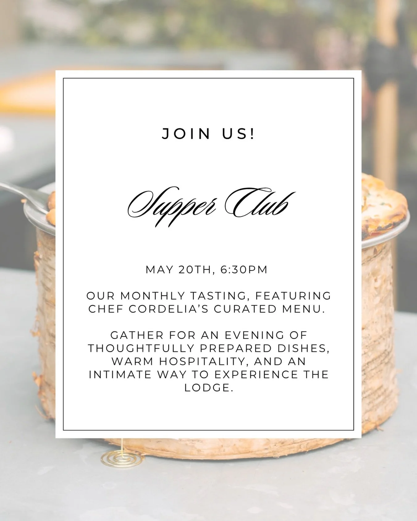 Join us for an intimate evening at the Lodge ✨
Our monthly Supper Club is back next week! Reserve using the link in our bio. Experience the Lodge, meet vendors, and get a glimpse into our chef-driven menu options. 

See you soon! 
#maliboulakelodge #