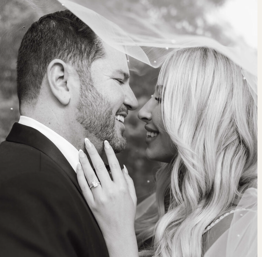 Black and white photo of a happy couple on their wedding day, close-up of faces under a veil.