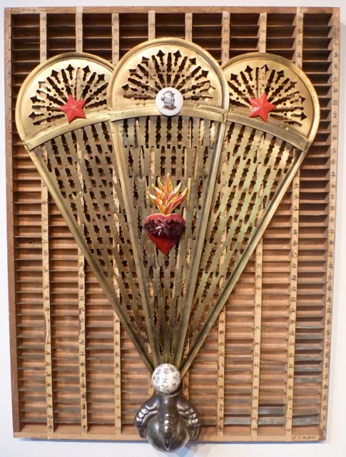 Sold 36" X 24" found objects on wood Chinese print box